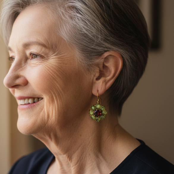 Vintage Kulaté Náušnice s Zelenými a Červenými Krystaly