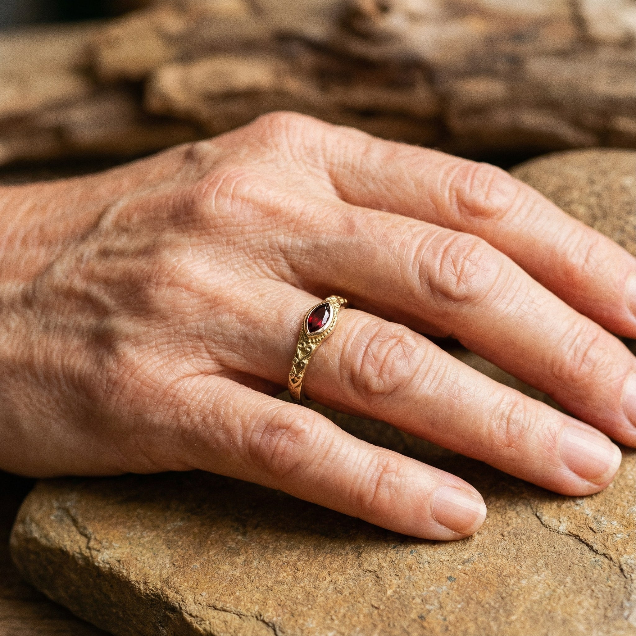 Vintage zlatý prsten s červeným krystalem