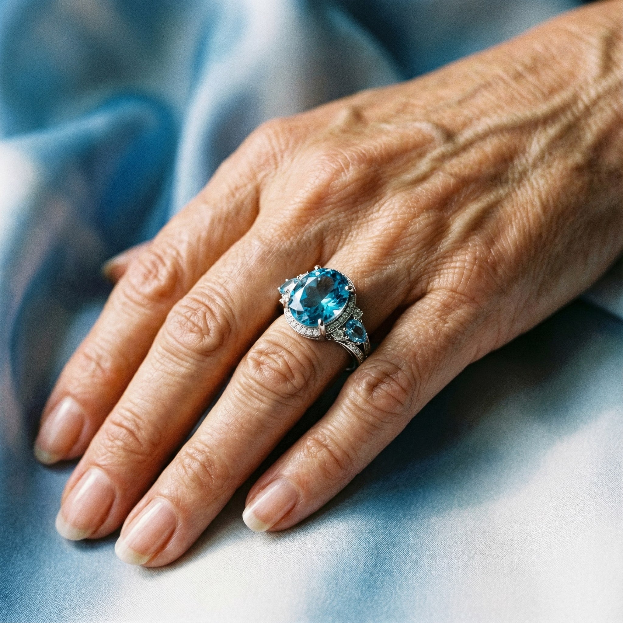 Vintage prsten ve stříbrné barvě s modrým krystalem