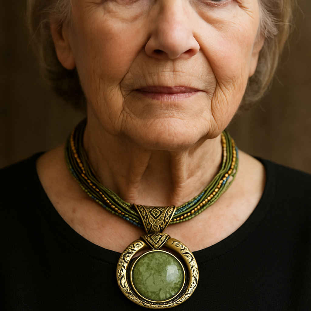 Vintage náhrdelník s etnickým přívěskem z zeleného krystalu