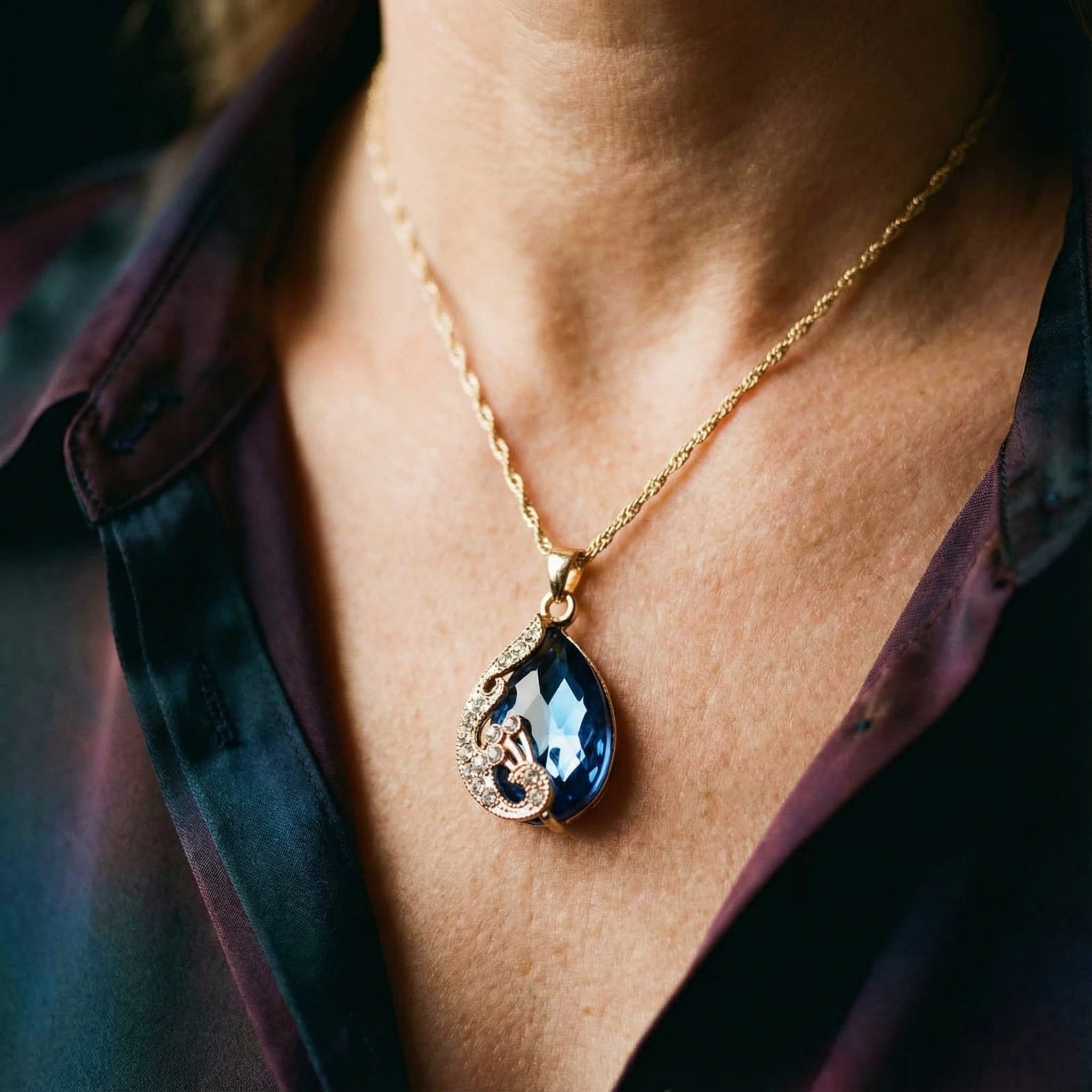 Souprava náhrdelníku a náušnic z modrého krystalu se zlatem